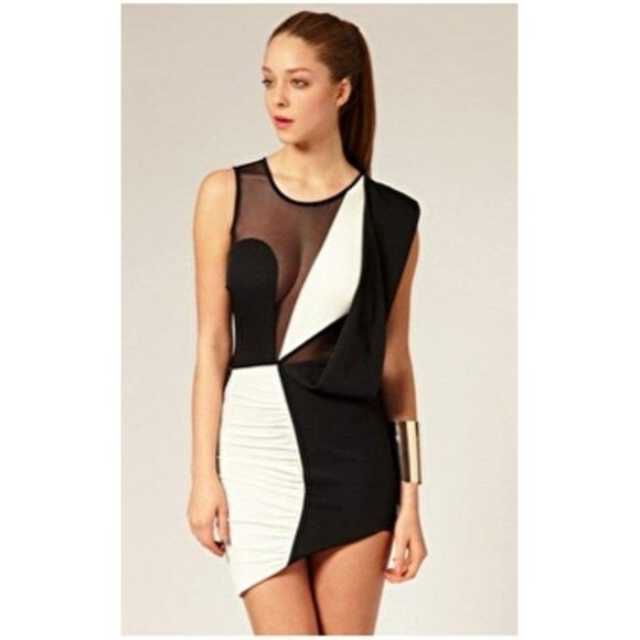 AQ/AQ Dresses & Skirts - ASOS AQAQ Black White Asymmetric Mesh Plunge Dress